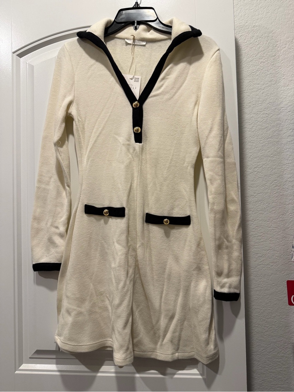 Zara Cream Long Sleeve Knit Dress with Black Trim